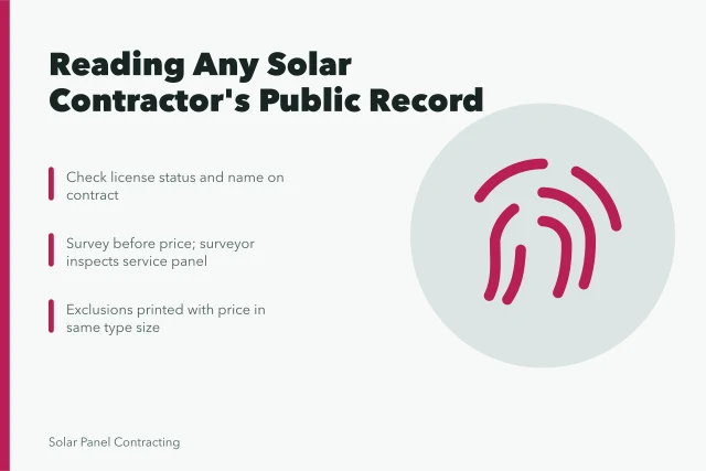 Checklist card for vetting solar contractors using public records and documents. Solar installers: the questions that matter