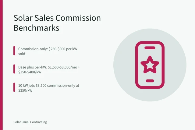 Solar sales commission benchmarks card with per-kW rates and example earnings. Guide to Solar Installer Sales Commission Structure Benchmarks