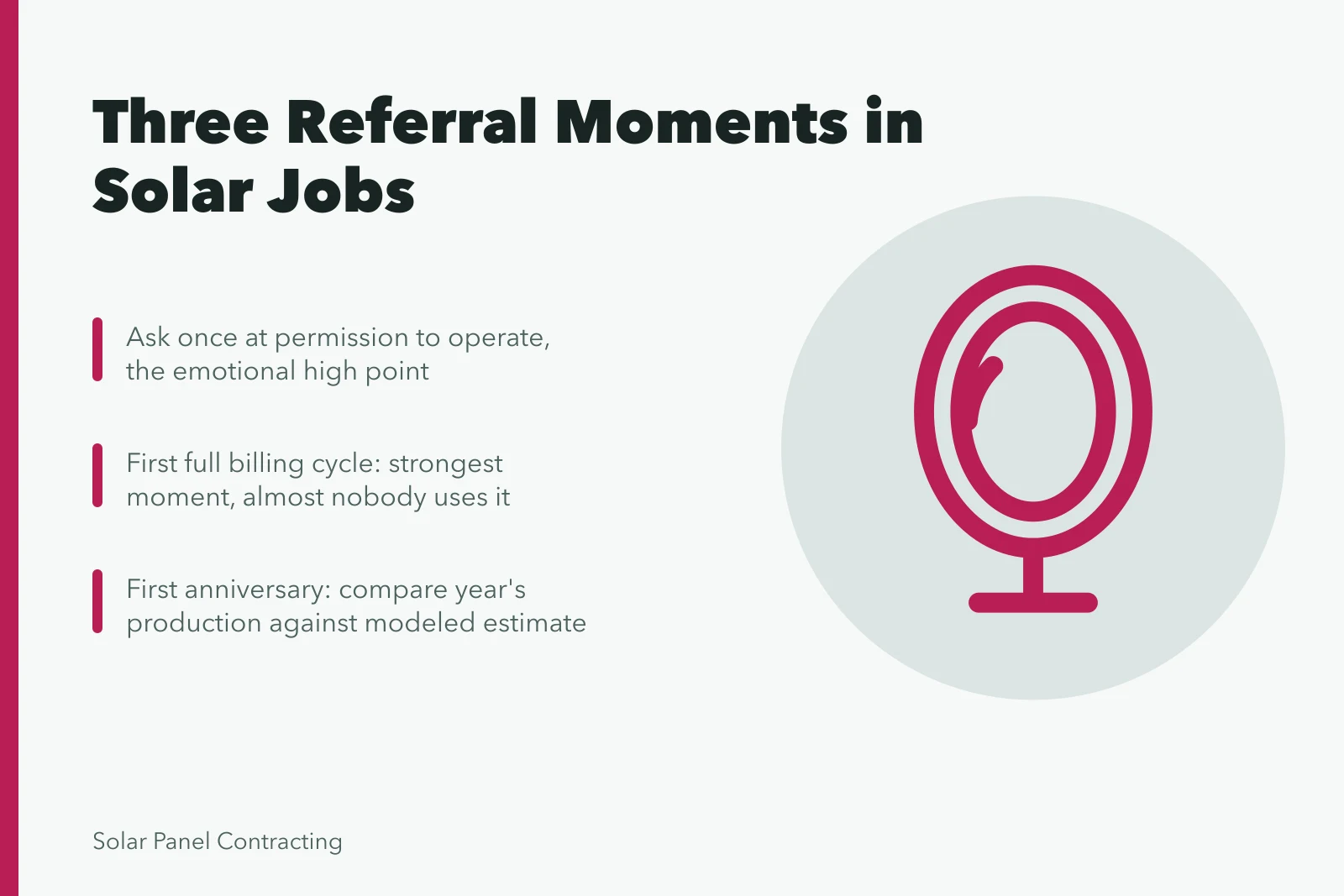 Card showing three referral moments in a residential solar installation job. Building a solar installer business referral habit in 2027
