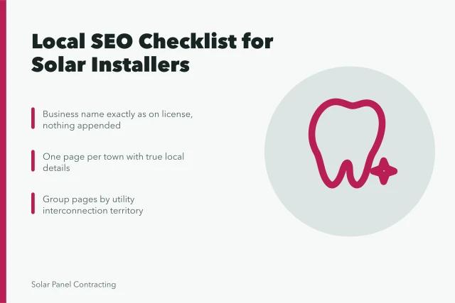 Local SEO checklist card for solar installers by service area and utility territory. A local SEO checklist for solar installers, organized by service area and utility territory
