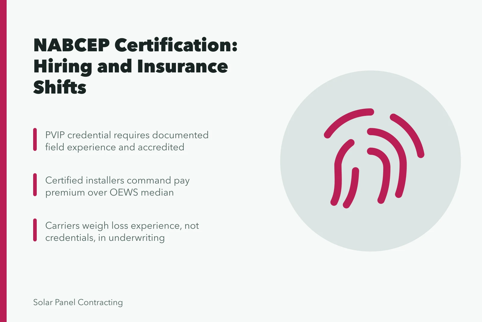 NABCEP certification card on hiring, wages, and insurance for solar contractors. NABCEP certification and what it changes for American solar hiring and insurance