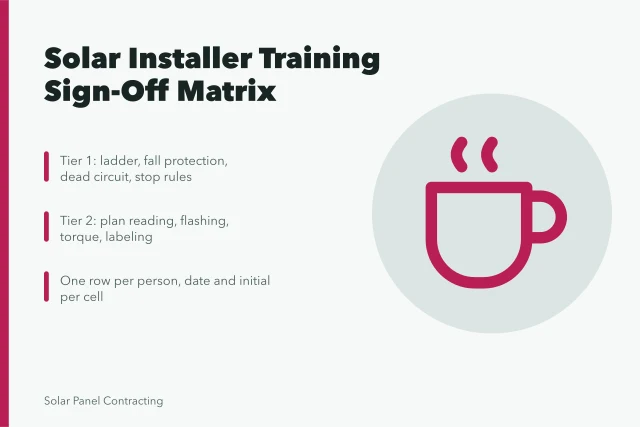 Solar installer training matrix with competency sign-off tiers and records. Solar installer team training checklist owners reuse