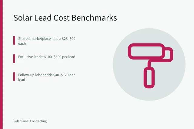 Card showing solar lead generation cost ranges and benchmarks. Solar Installer Lead Generation Cost: Benchmarks for Owner-Operators