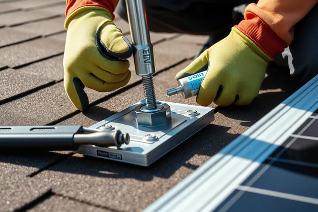 Hands installing roof flashing and bolting solar panel mount to shingles. 8 points on solar installer quality assurance that matter