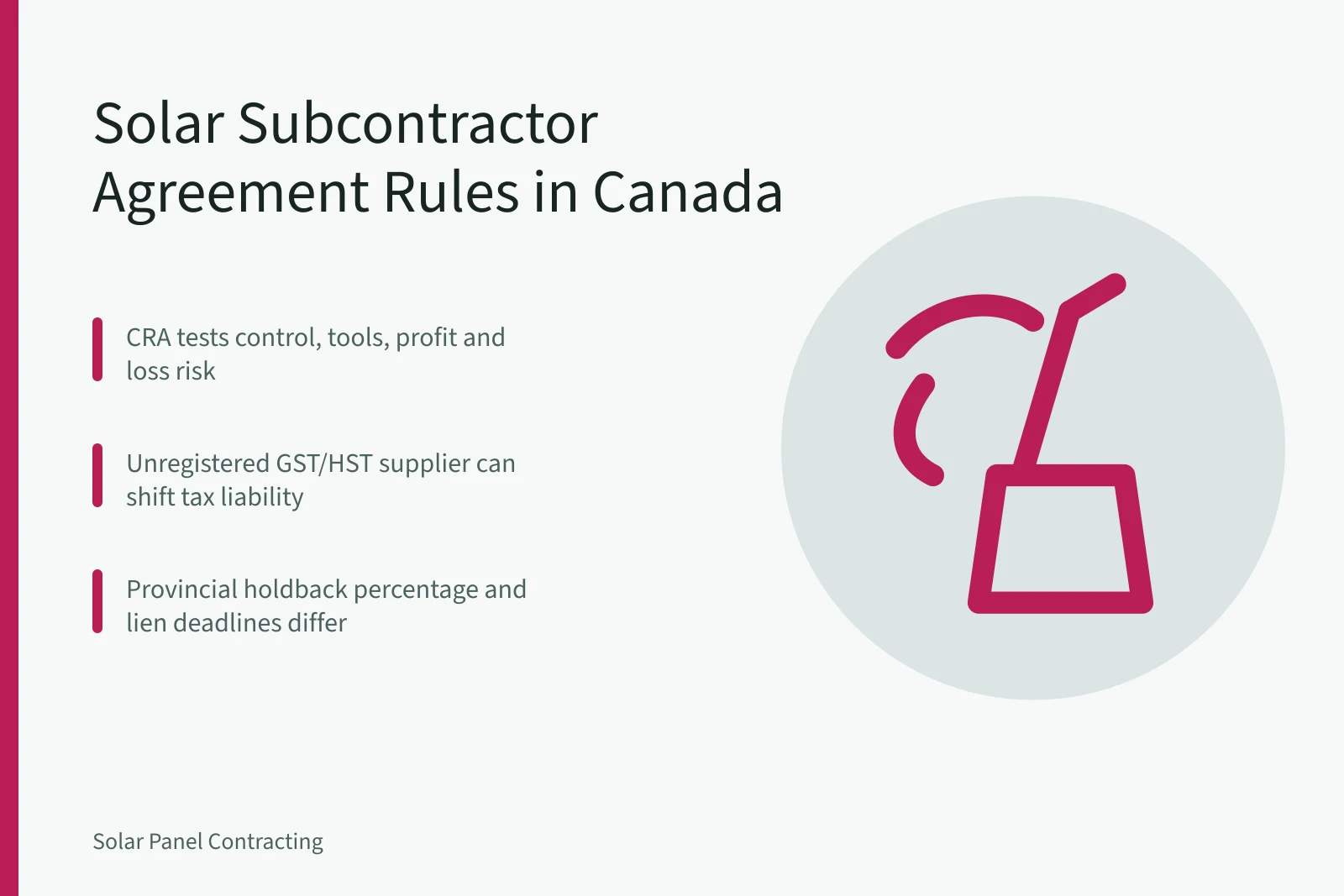 Card on Canadian solar subcontractor agreement tax and lien rules. Solar Installer Subcontractor Agreement Canada: Terms to Review