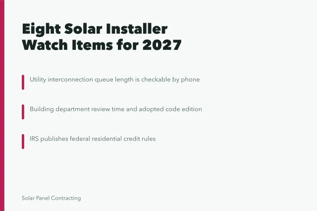Card listing solar installer demand watch items and where each is published. Solar installer trends that move demand for 2027