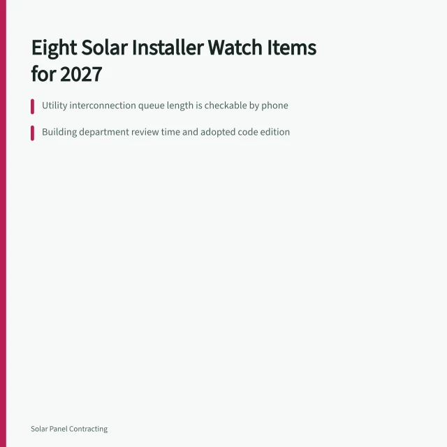 Card listing solar installer demand watch items and where each is published. Solar installer trends that move demand for 2027