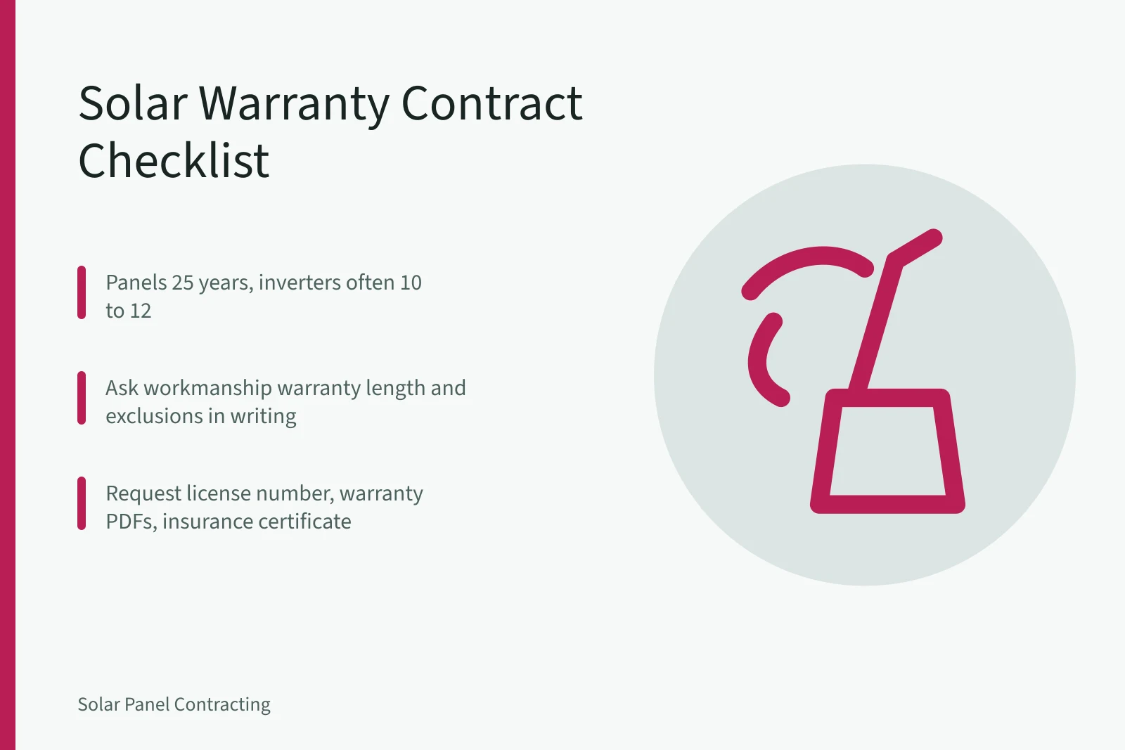 Checklist card for solar installer warranty contract terms. Solar Installer Warranty Terms Checklist for New Contracts