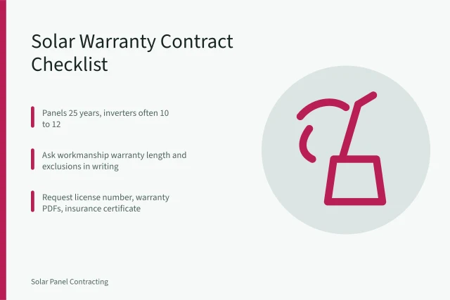 Checklist card for solar installer warranty contract terms. Solar Installer Warranty Terms Checklist for New Contracts