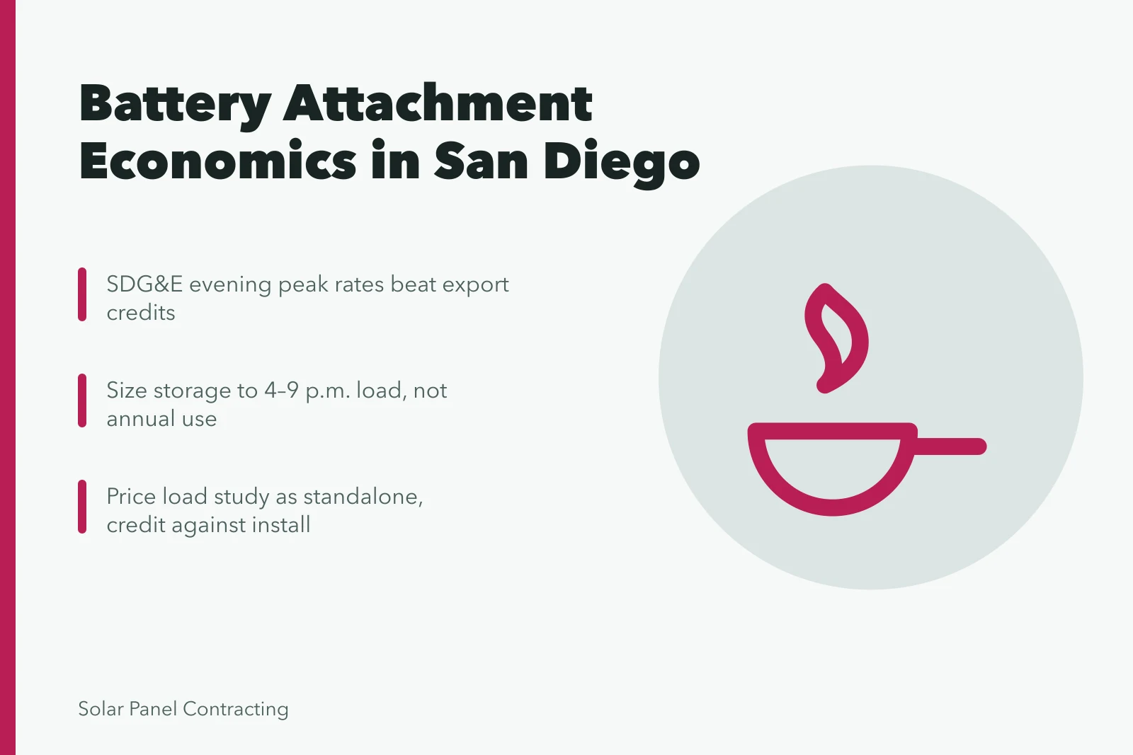 Card summarizing San Diego battery attachment economics under new net metering rules. Battery attachment economics after net metering changes in San Diego and beyond