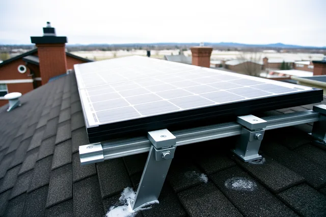 Hail-rated solar module on snow-load racking on a Denver roof. Designing solar for hail and snow in Denver, equipment choices that survive