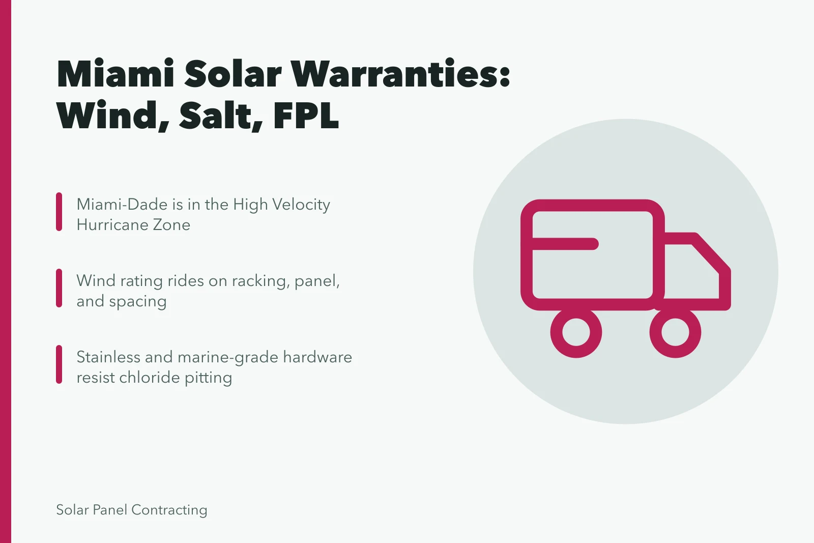 Card on Miami solar warranties covering hurricane wind ratings, salt corrosion, and FPL interconnection. What do Miami hurricane codes and salt air mean for solar panel warranties?