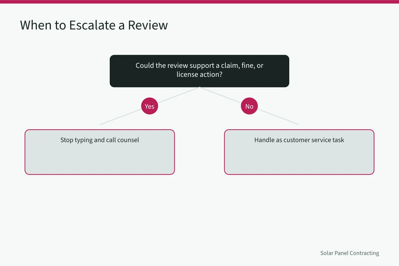 Decision flow for escalating a review to professionals (How to Respond to Solar Installer Reviews Without Sounding Defensive)