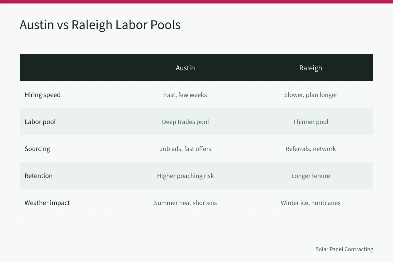 Comparison table of Austin and Raleigh solar labor markets (Austin installer labor market compared with Raleigh solar hiring)