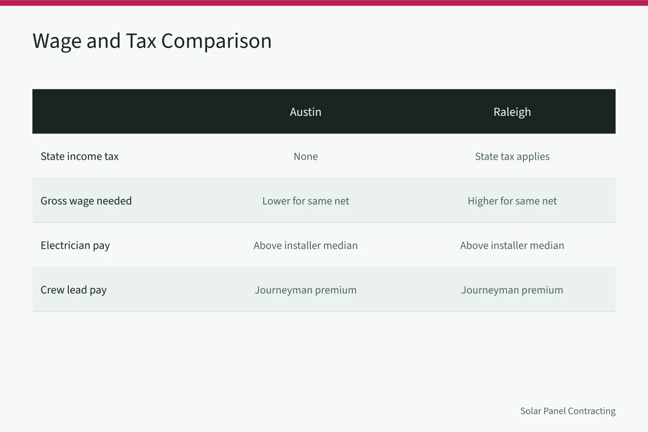 Wage and tax comparison between Austin and Raleigh solar installers (Austin installer labor market compared with Raleigh solar hiring)