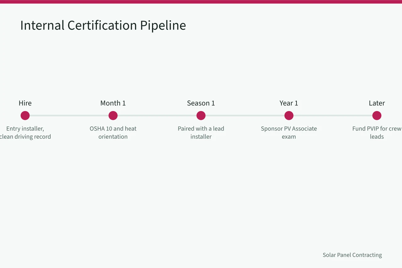 Timeline showing a five-stage internal pipeline from entry hire to PVIP sponsorship (NABCEP certification and what it changes for American solar hiring and insurance)