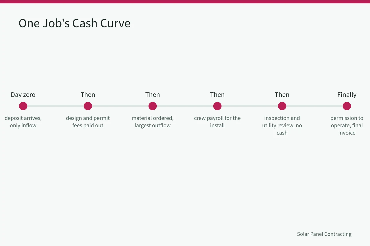 Timeline of cash in and out across one residential solar job (The bookkeeping routine that keeps a solar installer business solvent in 2027)