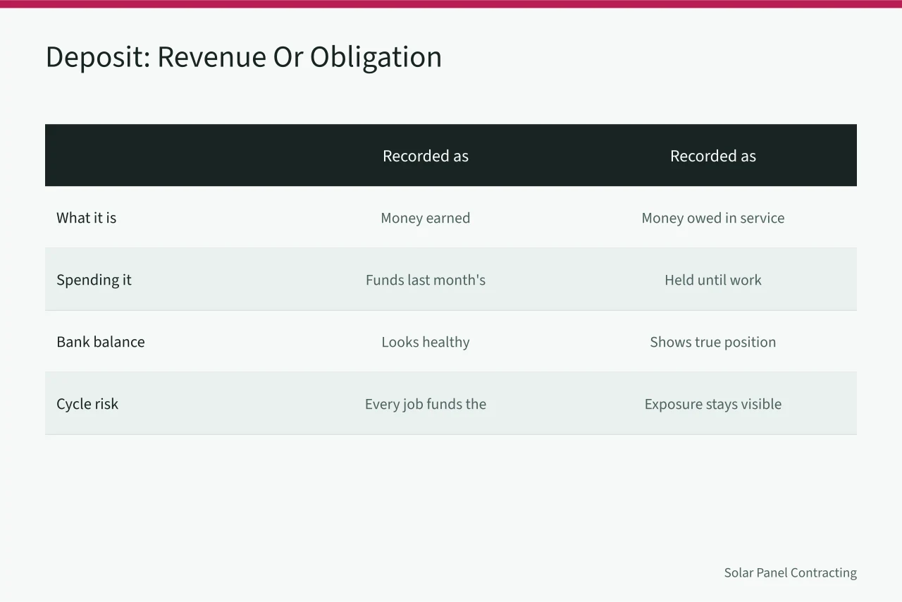 Comparison of treating a deposit as revenue versus as an obligation (The bookkeeping routine that keeps a solar installer business solvent in 2027)