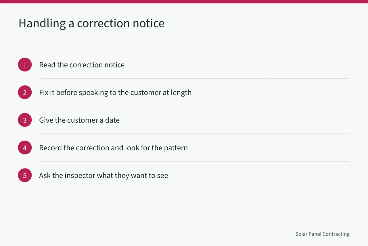 Five steps for handling a failed solar inspection or correction notice (Reading solar installer complaint handling with a sceptical eye)