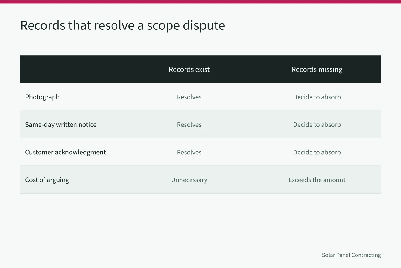 Comparison of dispute outcomes when change order records exist or are missing (Reading solar installer complaint handling with a sceptical eye)
