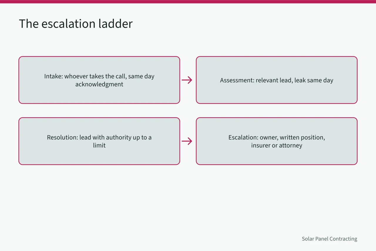Four-stage escalation ladder from intake to owner escalation (Reading solar installer complaint handling with a sceptical eye)