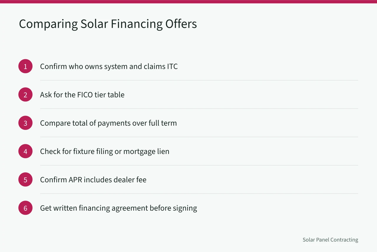 Checklist of steps for comparing solar financing offers (Solar Installer Customer Financing Options Compared: US Lenders and Terms)