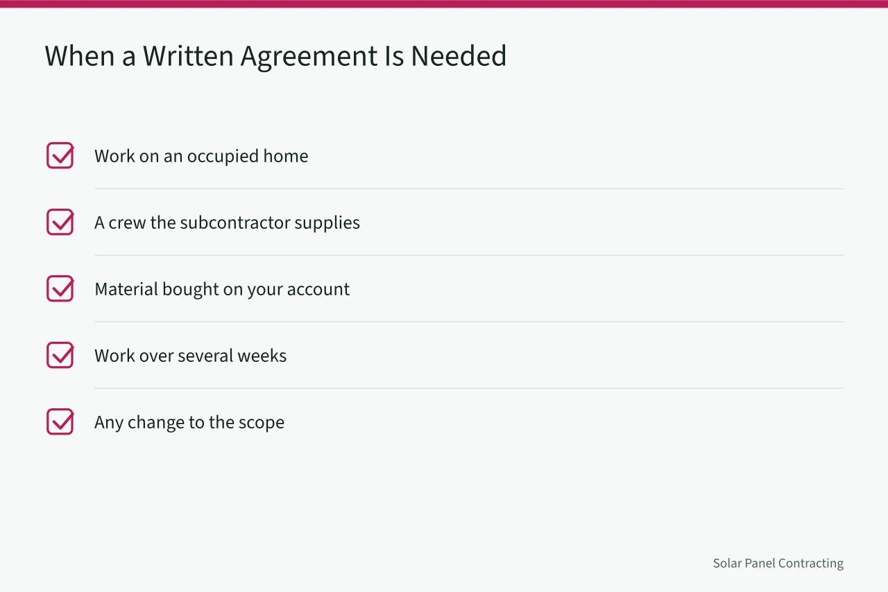 Checklist of triggers that require a written solar subcontractor agreement (Solar Installer Subcontractor Agreement Canada: Terms to Review)