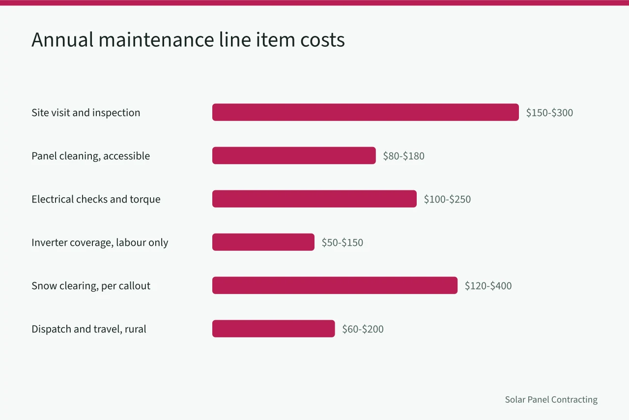 Bar chart of annual solar maintenance line item costs in CAD (Solar Maintenance Contract Pricing Canada: Provincial Benchmarks)