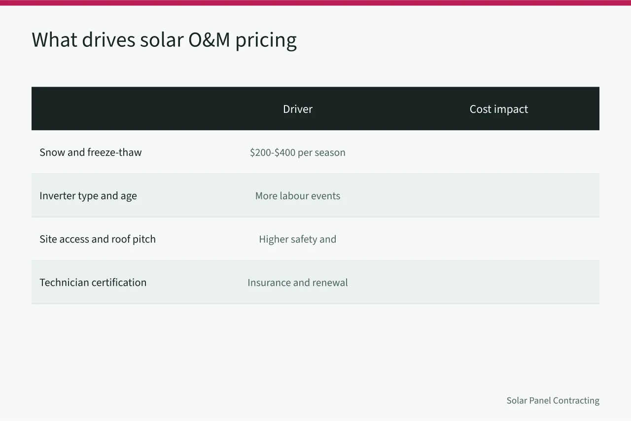 Table comparing four cost drivers for solar maintenance contracts (Solar Maintenance Contract Pricing Canada: Provincial Benchmarks)