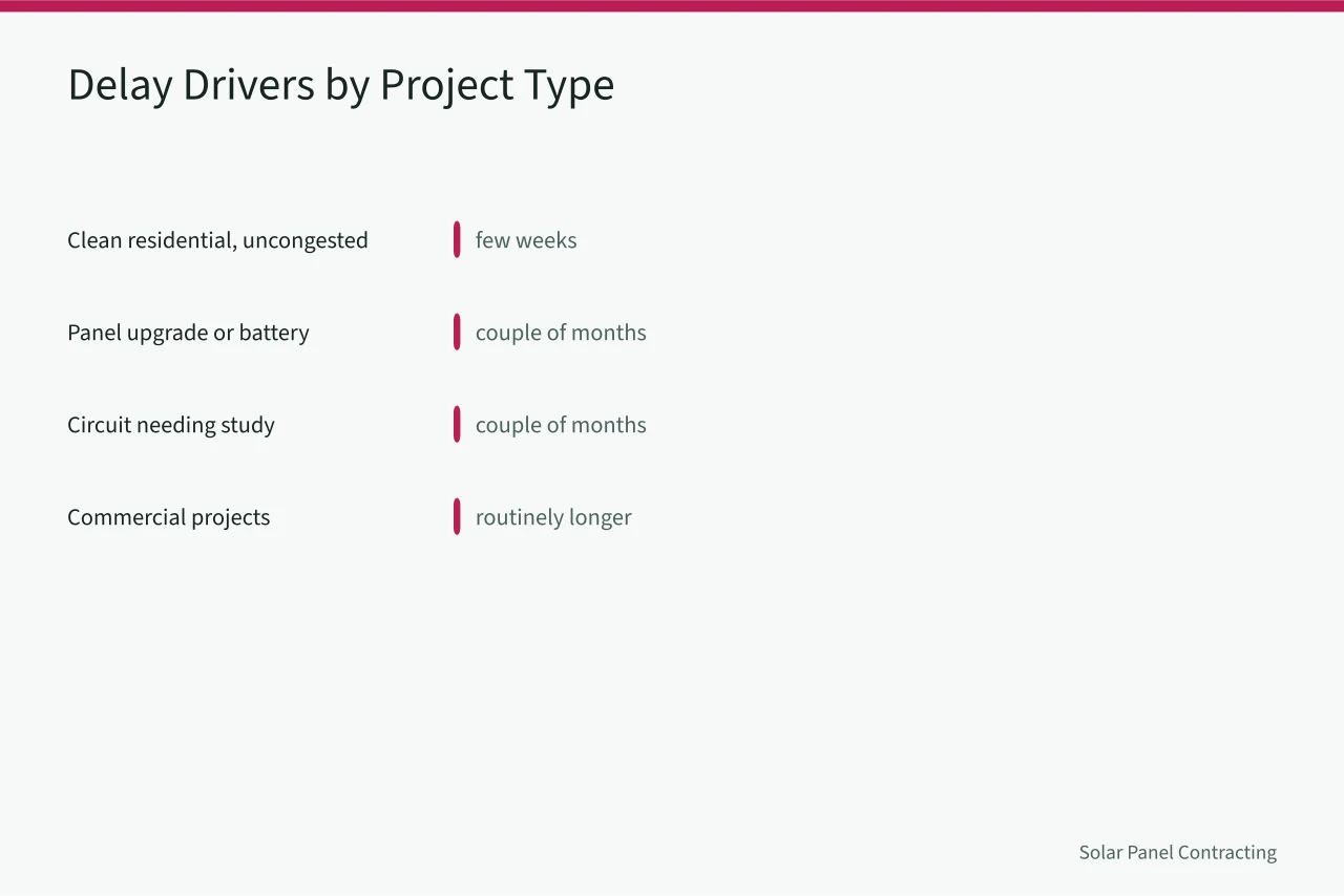 Bar chart comparing interconnection delay ranges for residential and commercial solar projects (How California utility interconnection queues shape solar customer expectations)