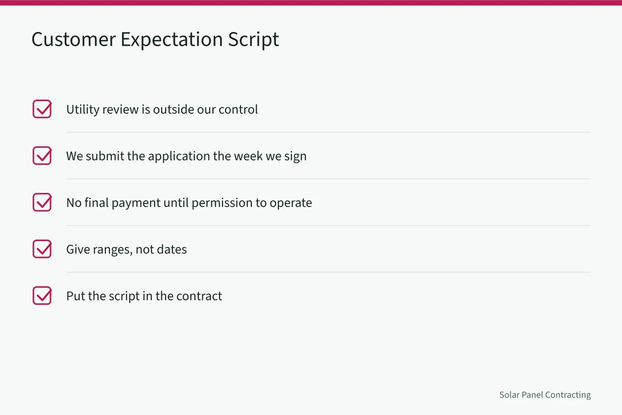Checklist of sales script sentences for setting solar interconnection expectations (How California utility interconnection queues shape solar customer expectations)