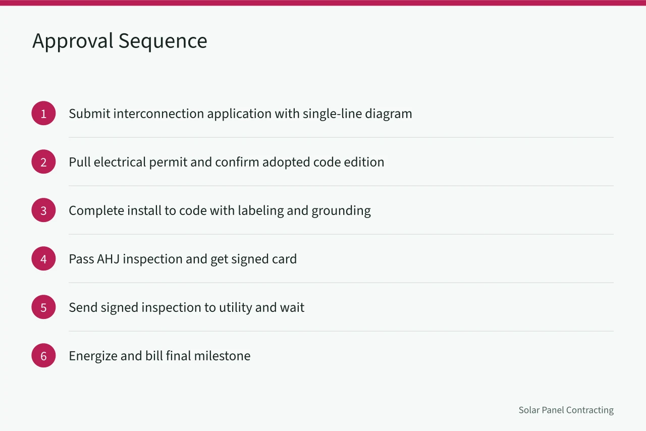 Step-by-step sequence from interconnection application to final energization and billing (How California utility interconnection queues shape solar customer expectations)
