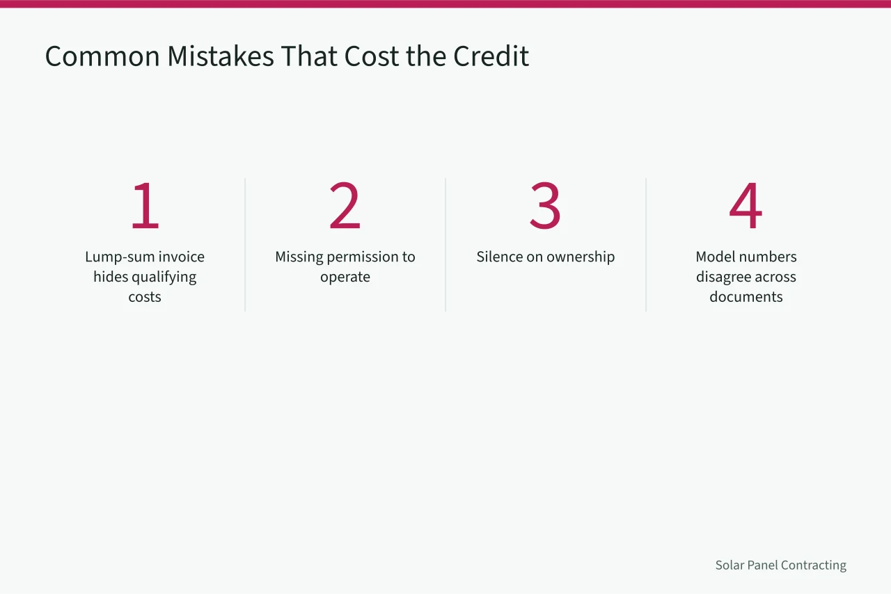 Numbered list of five paperwork mistakes that cost customers the solar credit (How federal solar tax credit paperwork works for U.S. installers at handoff)