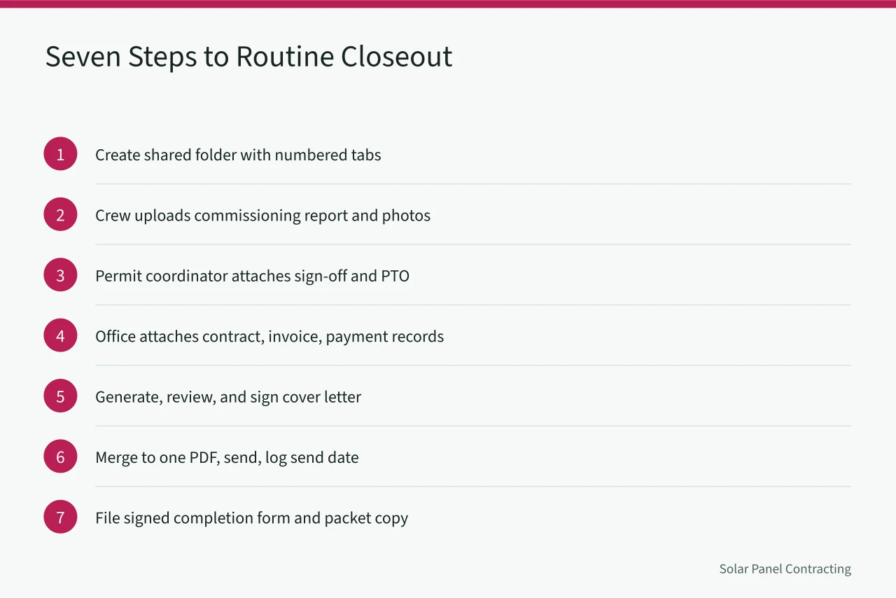 Seven-step workflow for assembling and sending a solar closeout packet (How federal solar tax credit paperwork works for U.S. installers at handoff)