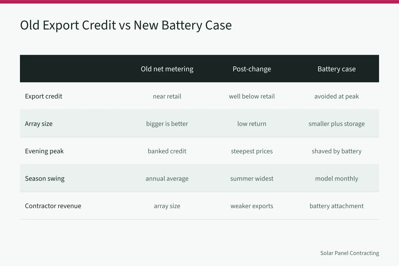 Comparison of export credit, post-change rates and battery economics in San Diego (Battery attachment economics after net metering changes in San Diego and beyond)