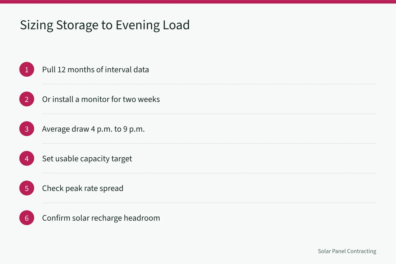 Steps for sizing a battery to a household evening load profile (Battery attachment economics after net metering changes in San Diego and beyond)