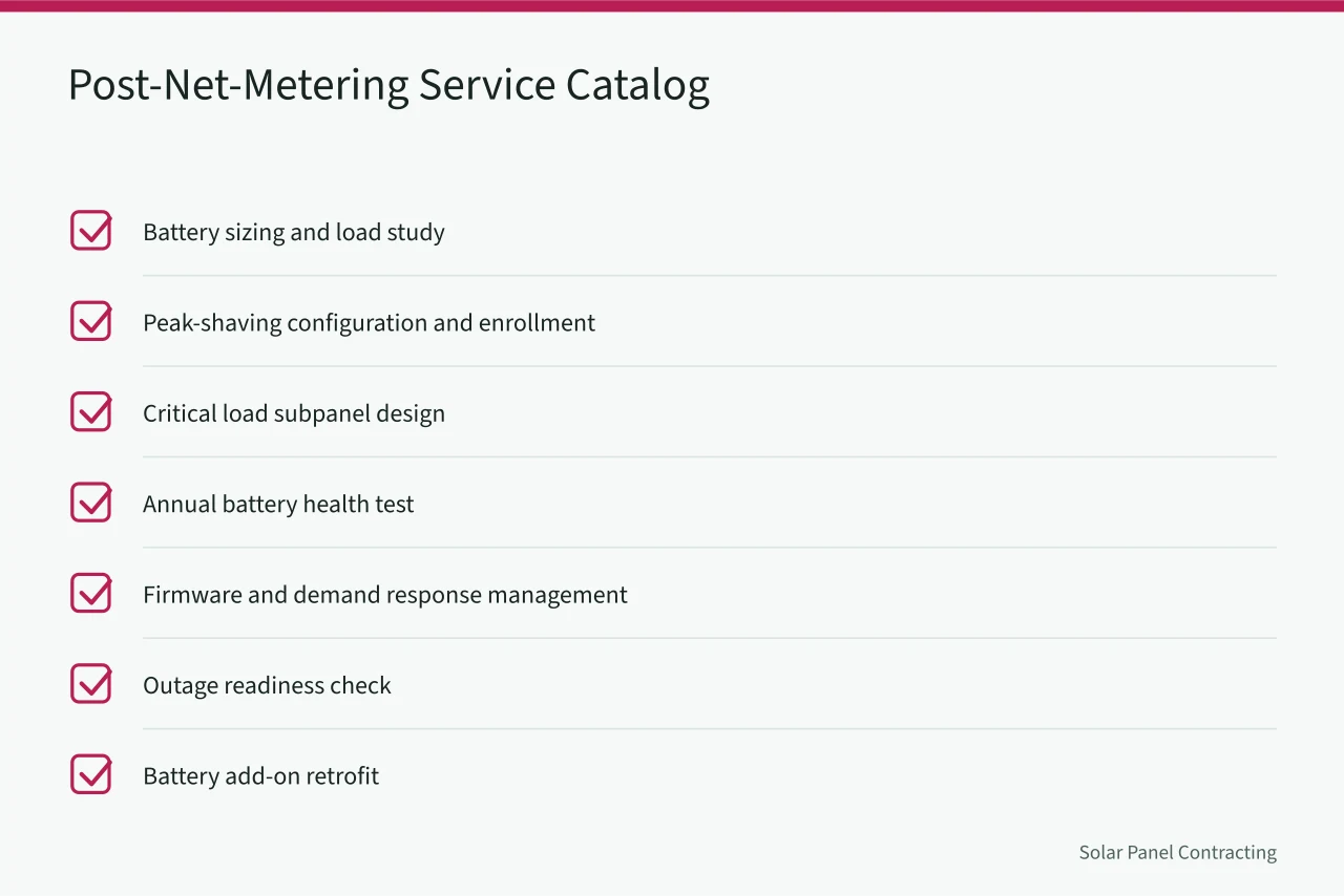 Checklist of battery services offered after net metering changes (Battery attachment economics after net metering changes in San Diego and beyond)