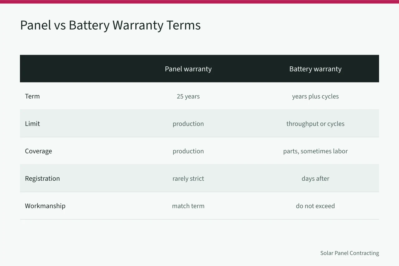 Comparison of solar panel and battery warranty terms and limits (Battery attachment economics after net metering changes in San Diego and beyond)