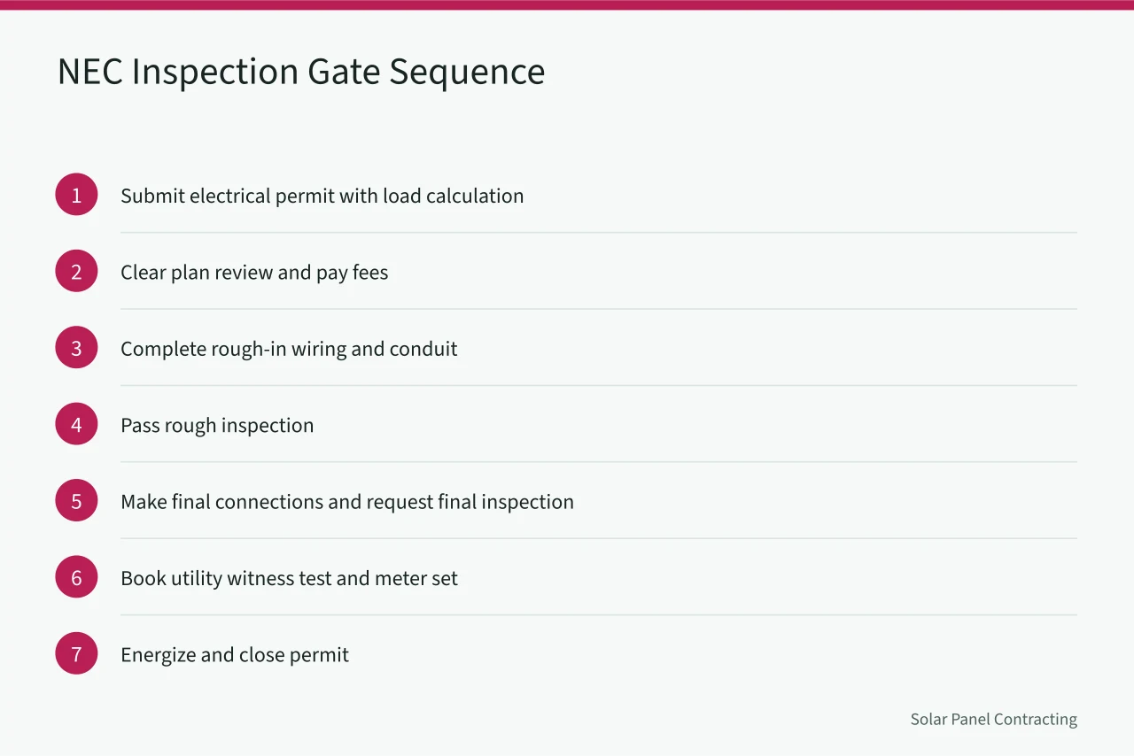 Step-by-step diagram of NEC inspection gate from permit to energize (How state licensing boards change solar crew scheduling across Texas and New York)
