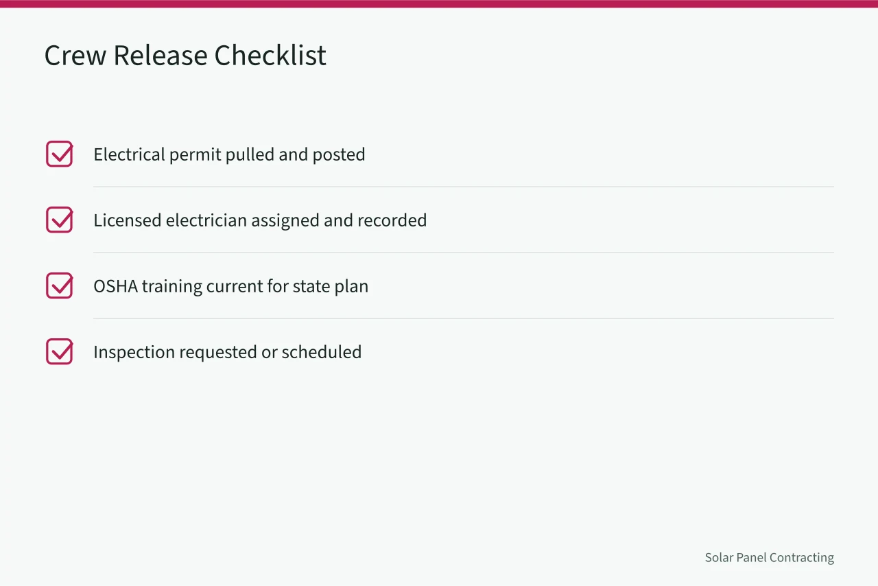 Checklist for releasing a solar crew to a job (How state licensing boards change solar crew scheduling across Texas and New York)