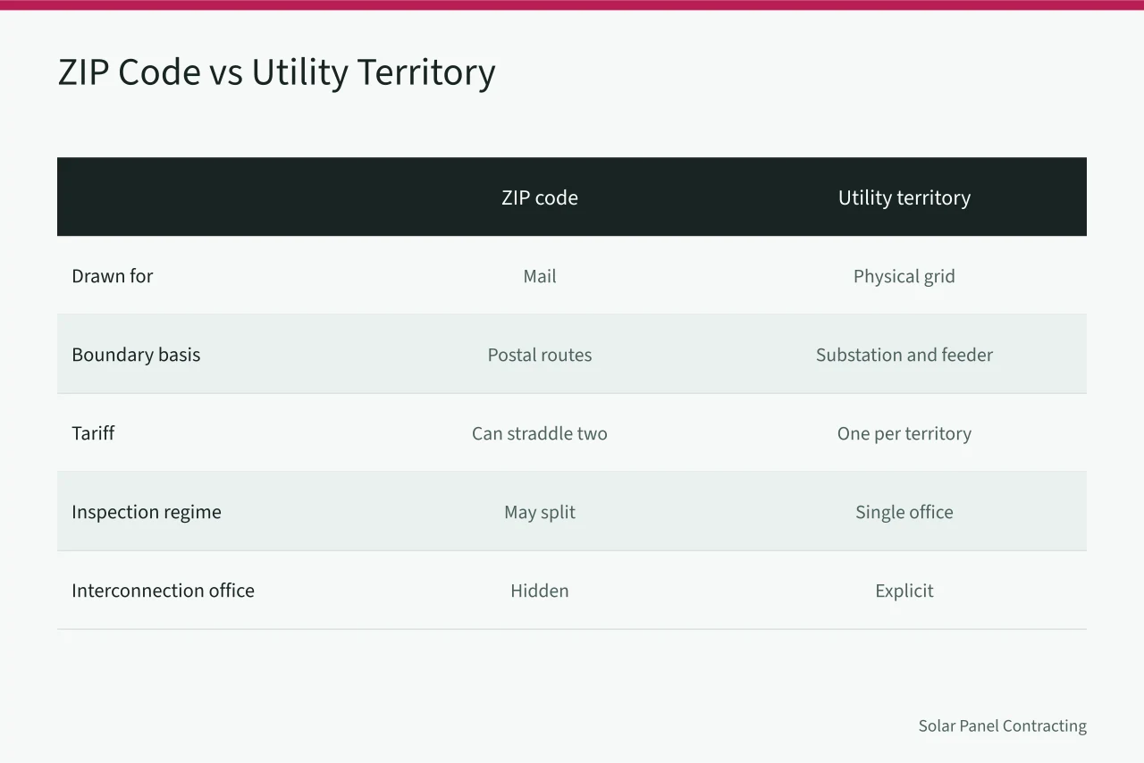 Comparison table of ZIP code versus utility territory mapping criteria (A guide to building a U.S. solar service-area map around utility territories)