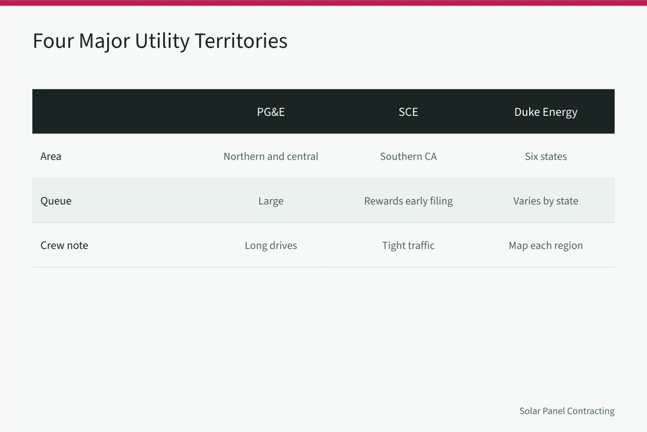 Comparison table of PG&E, SCE, Duke Energy and ConEd territory traits (A guide to building a U.S. solar service-area map around utility territories)