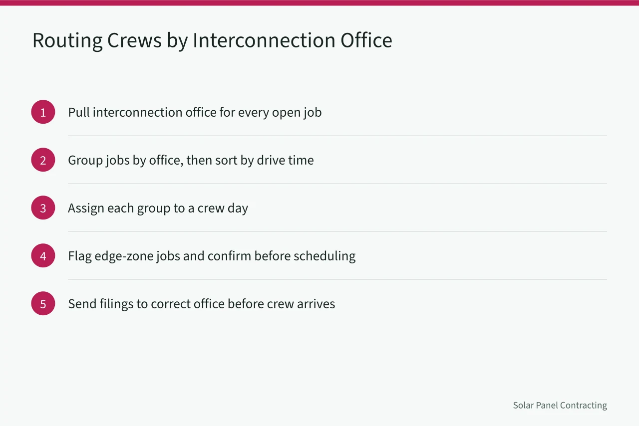 Five-step process for routing solar crews by interconnection office (A guide to building a U.S. solar service-area map around utility territories)