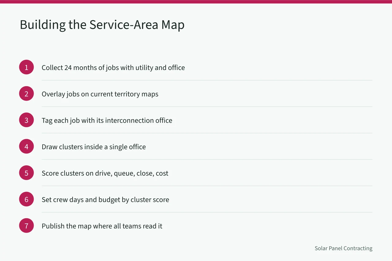 Seven-step method for building a solar service-area map (A guide to building a U.S. solar service-area map around utility territories)
