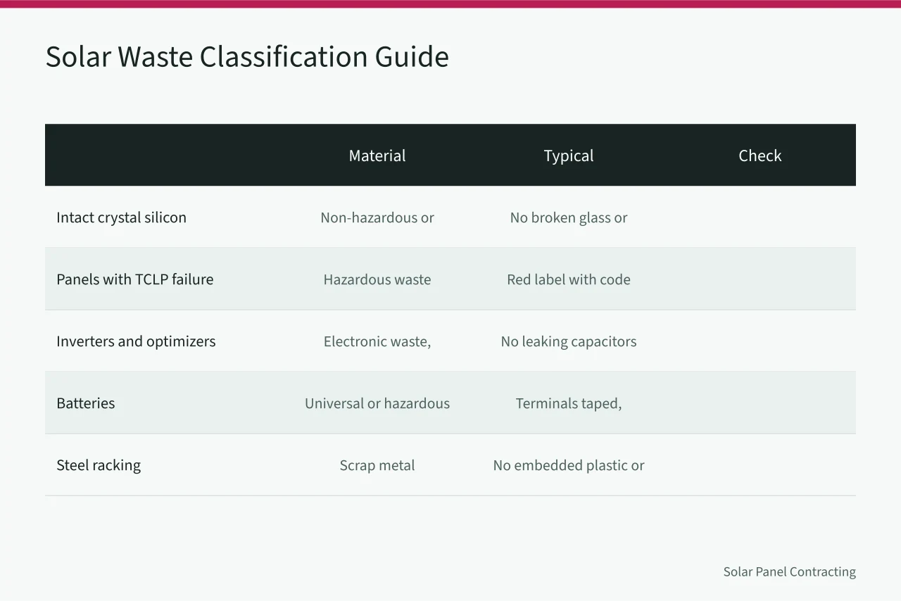 Comparison table of solar waste materials and classifications (What Happens to Solar Installer Equipment Disposal and Recycling?)