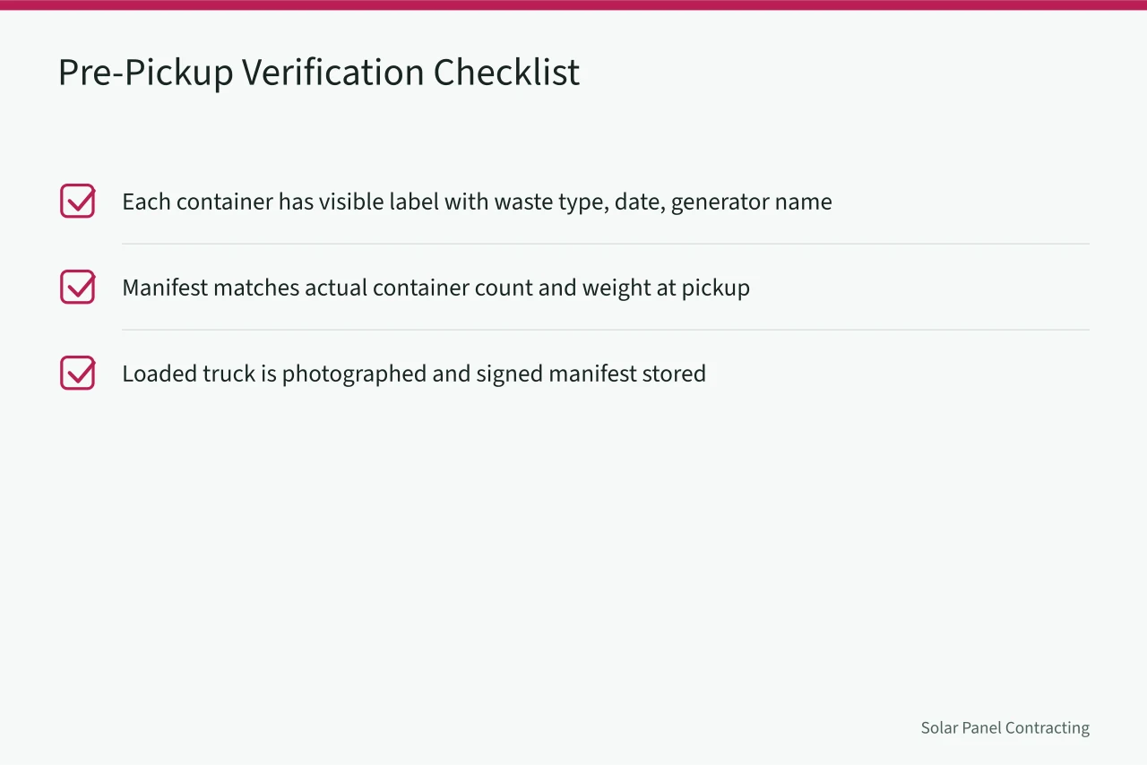 Checklist for verifying solar waste before pickup (What Happens to Solar Installer Equipment Disposal and Recycling?)